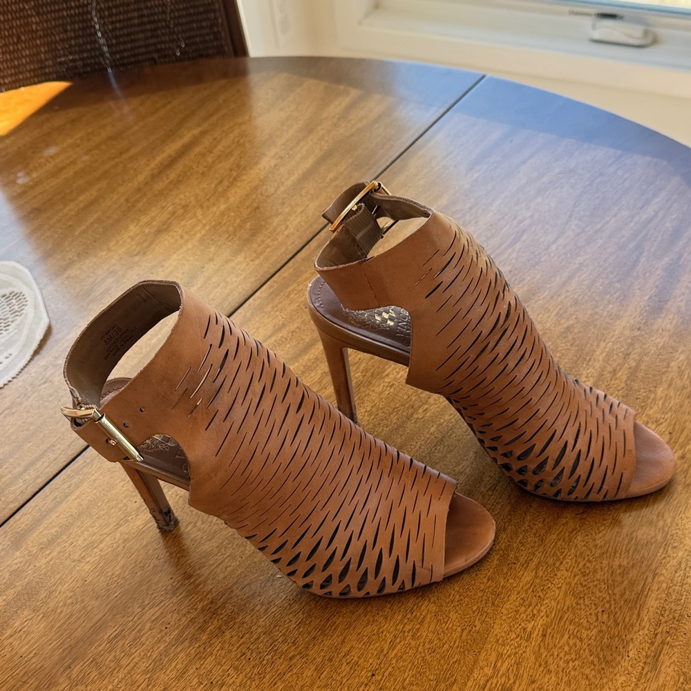Vince Camuto Women’s Tan Laser-Cut Peep-Toe Stiletto Heels with Ankle Buckle